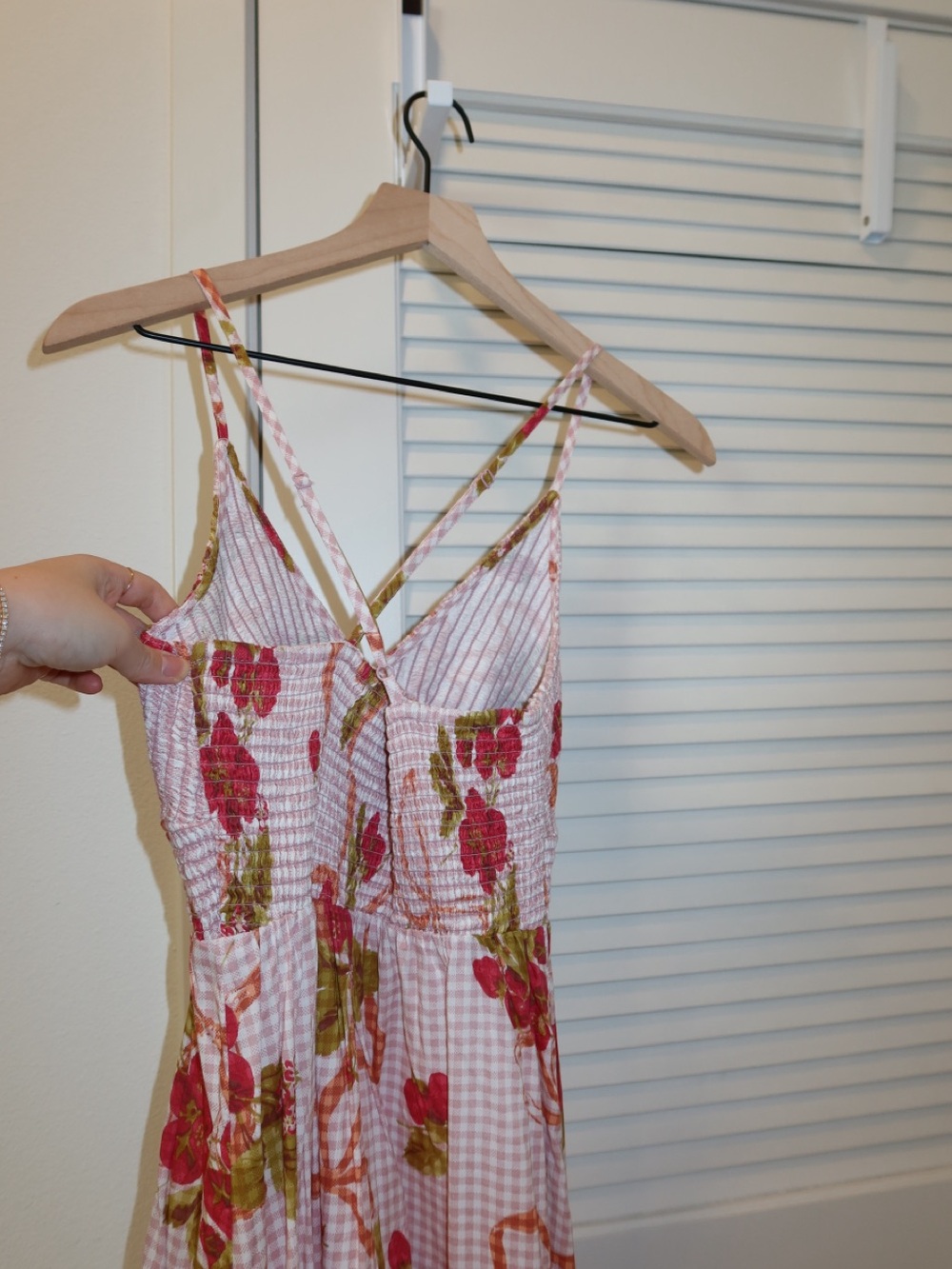 Kimchi Blue Pink Gingham Maxi Dress with Strawberry Floral Print - Picture 4 of 6
